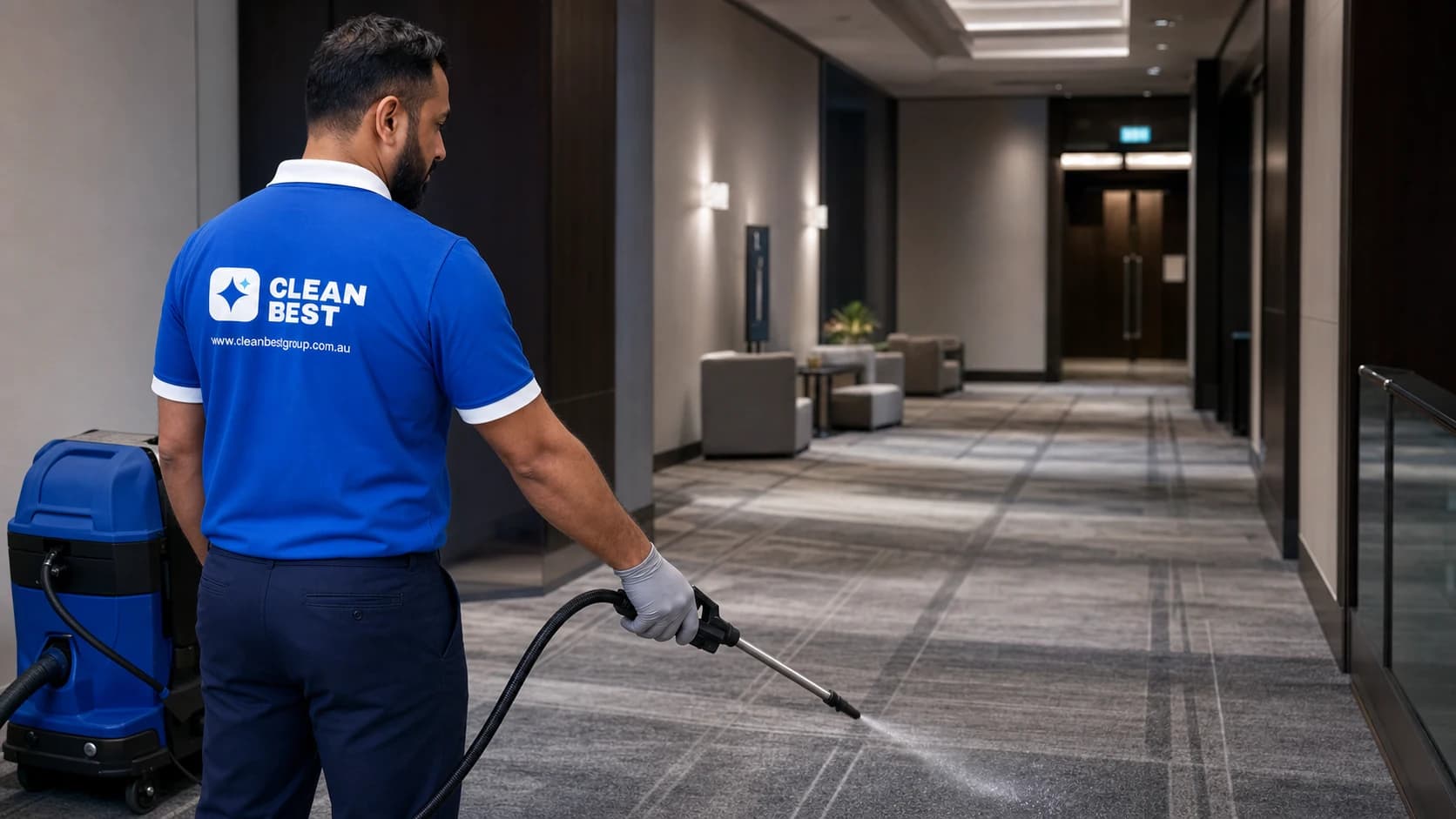 Clean Best technician running a hot-water extraction machine across office carpet at night in Norwest NSW