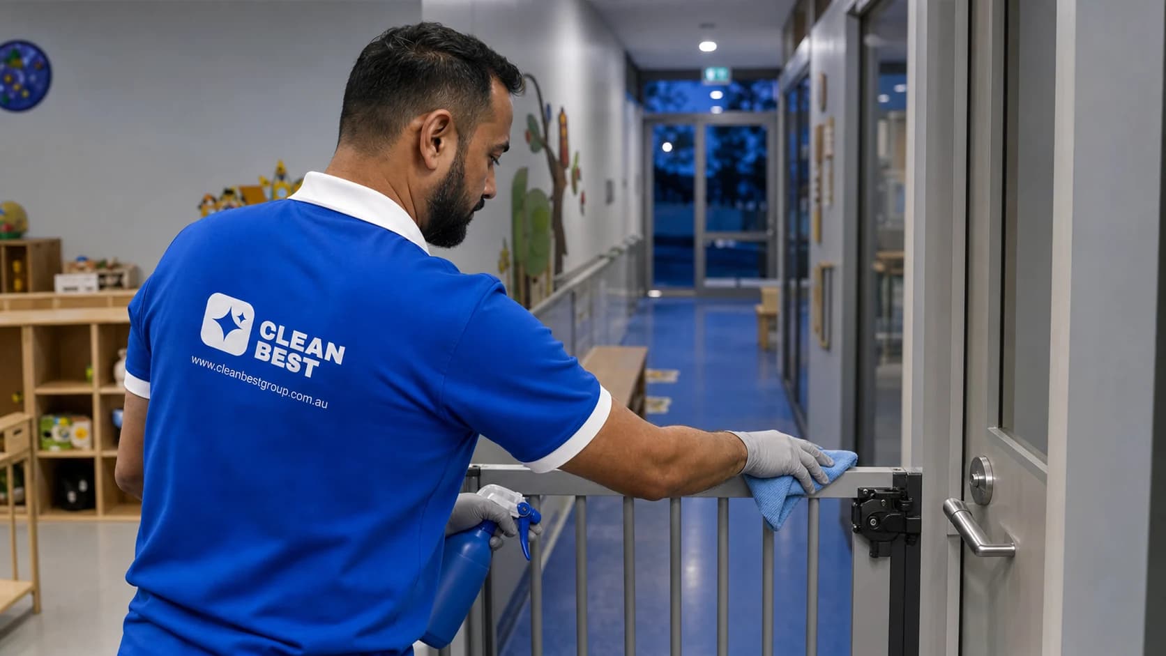 Clean Best cleaner sanitising an early-learning room in the evening in Norwest NSW