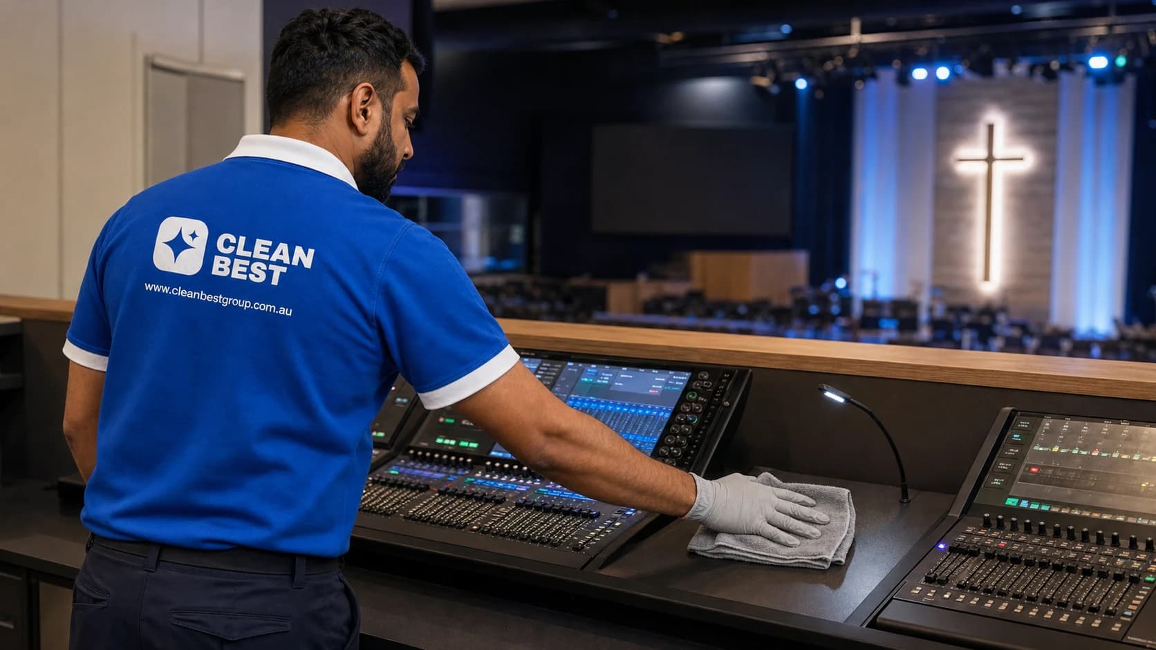 Clean Best cleaner vacuuming a modern worship auditorium in the evening in Norwest NSW