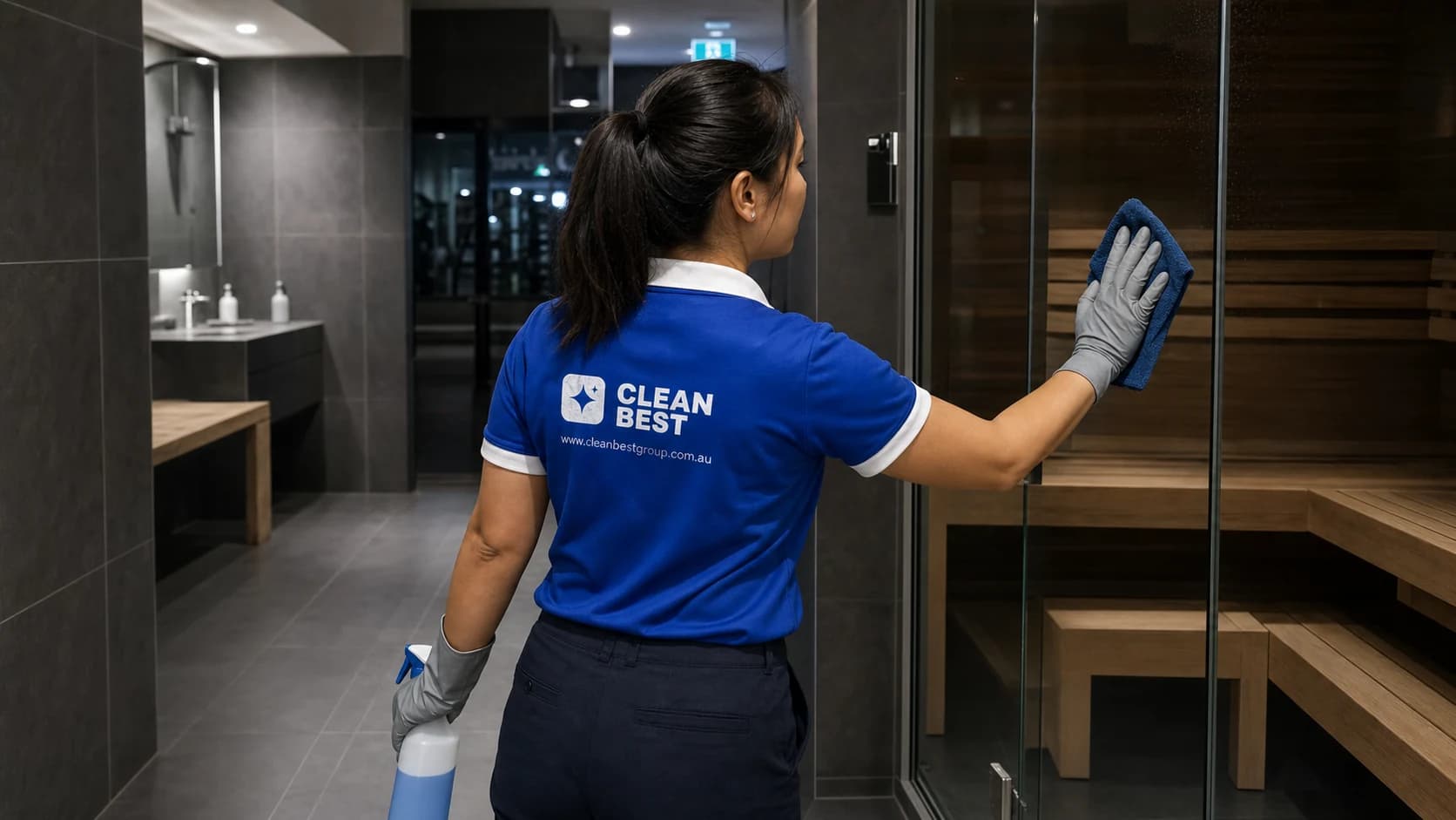 Clean Best cleaner wiping down equipment in a corporate gym after closing in Norwest NSW