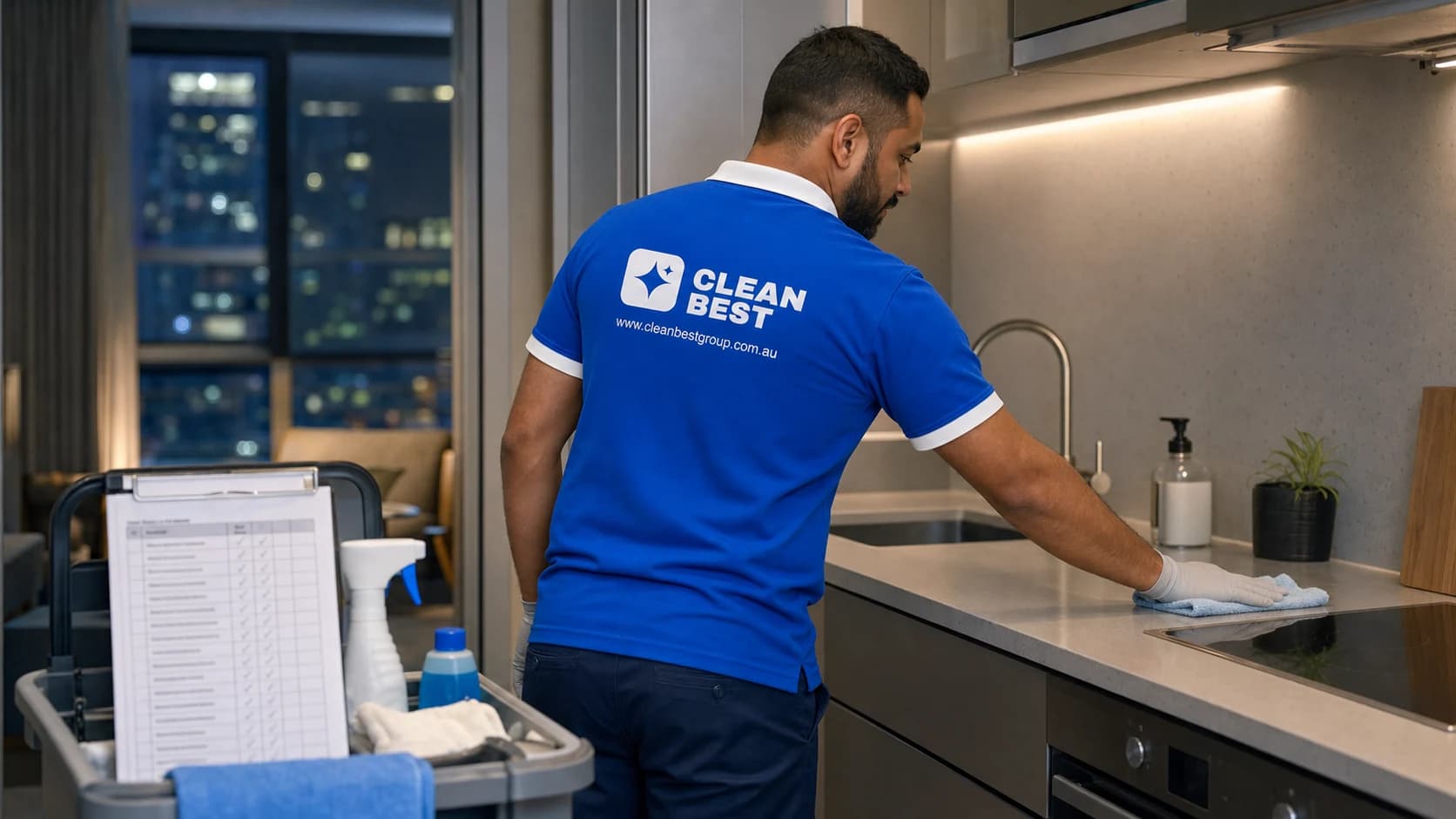 Clean Best cleaner finishing a kitchen in a Norwest NSW home at dusk