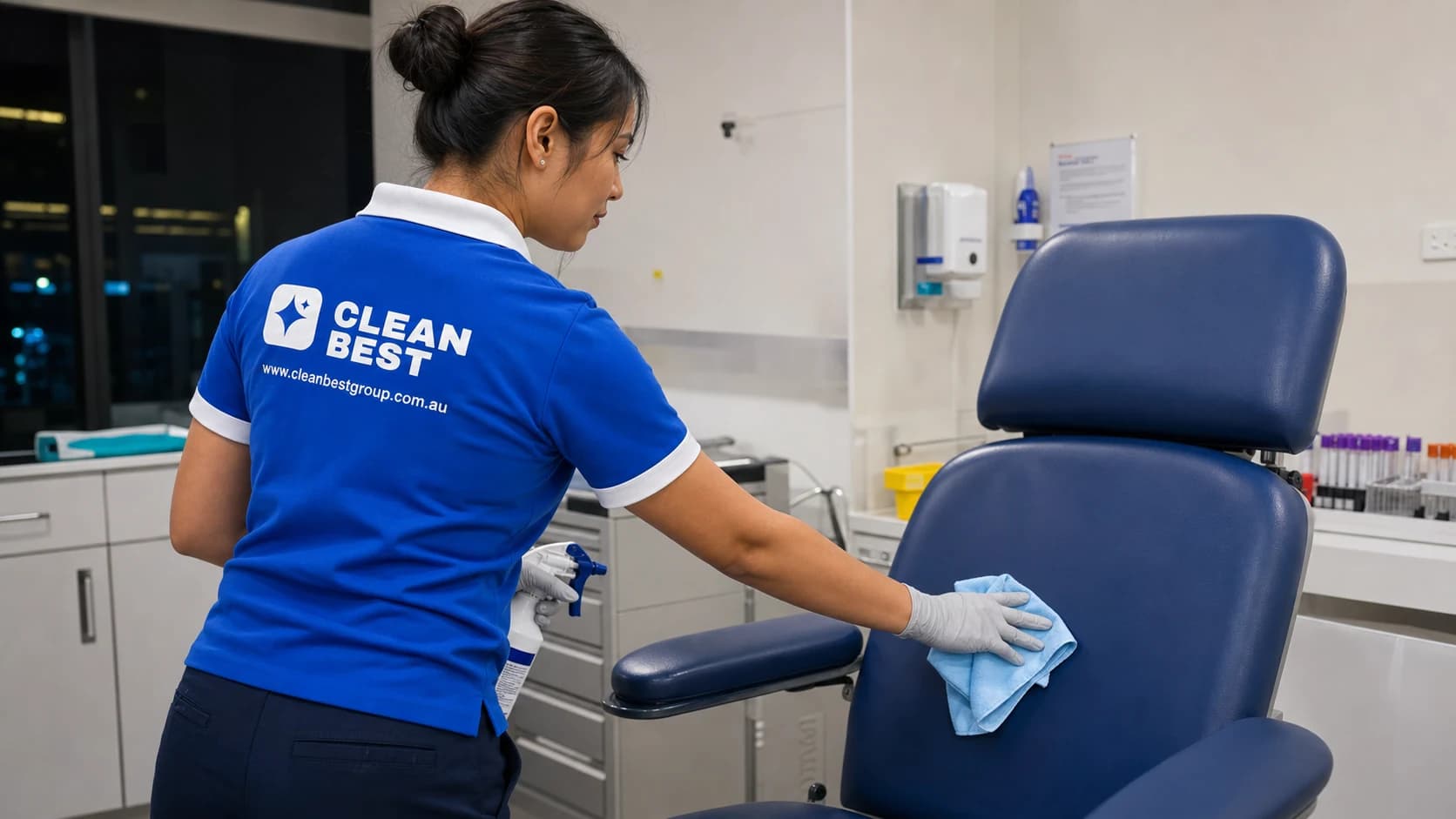 Clean Best cleaner disinfecting a specialist consulting room after close of business in Norwest NSW