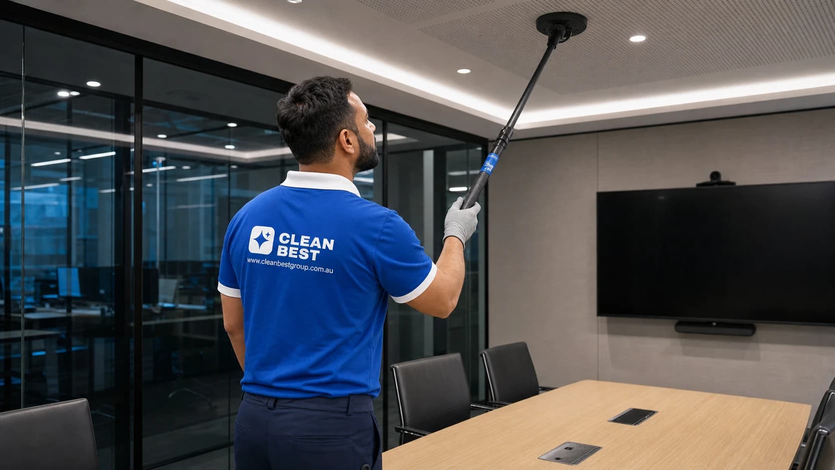 Clean Best cleaner vacuuming an empty open-plan office at night in Norwest NSW