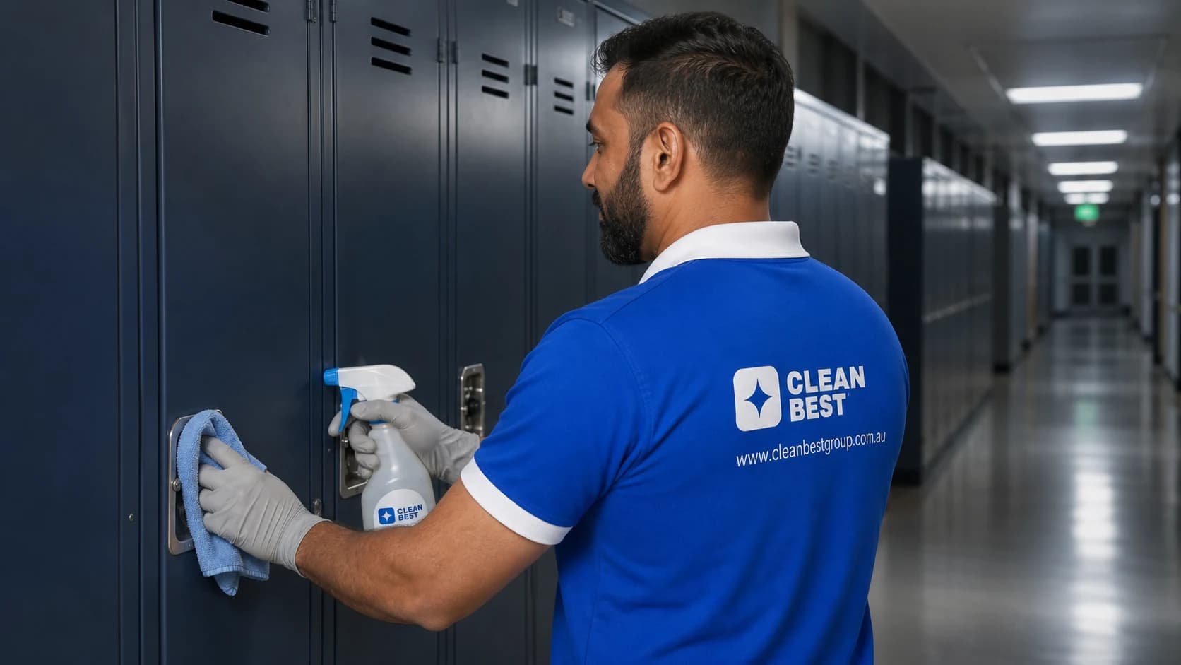 Clean Best cleaner mopping a school administration corridor in the evening in Norwest NSW