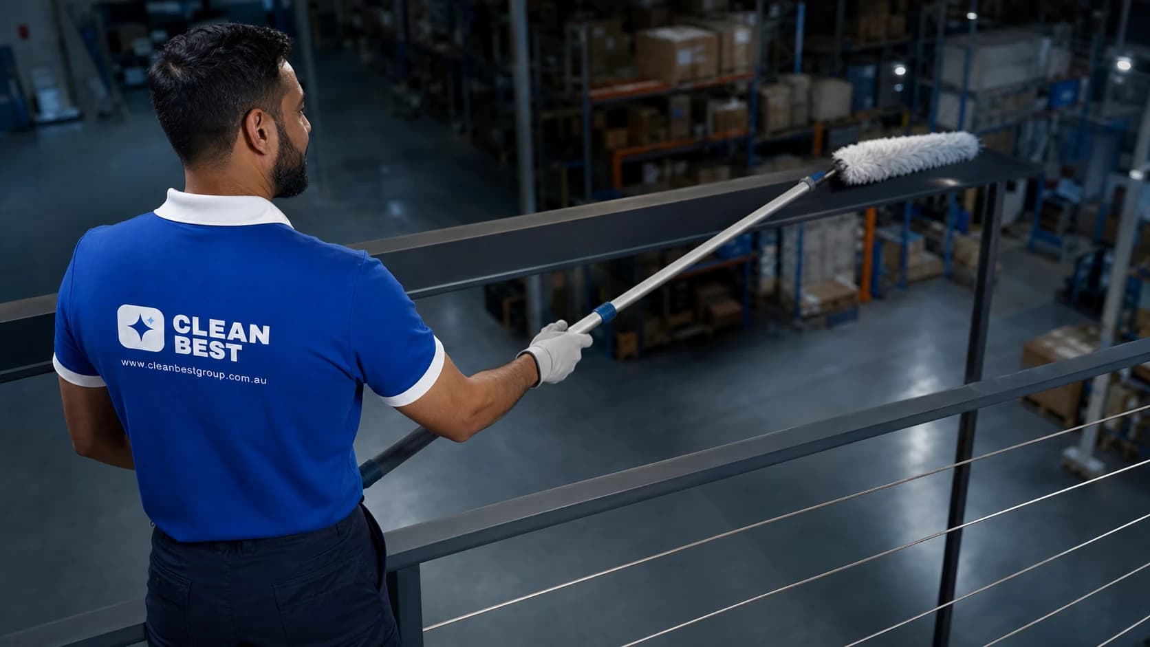 Clean Best operator scrubbing a distribution facility floor on the night shift near Norwest NSW