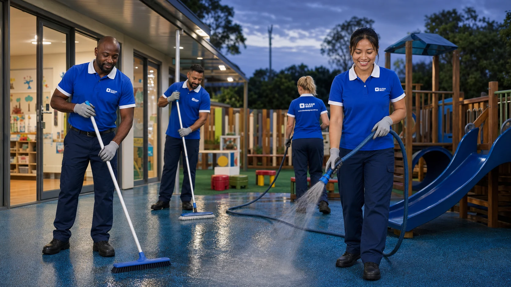 Clean Best cleaner sanitising an early-learning room in the evening in Norwest NSW